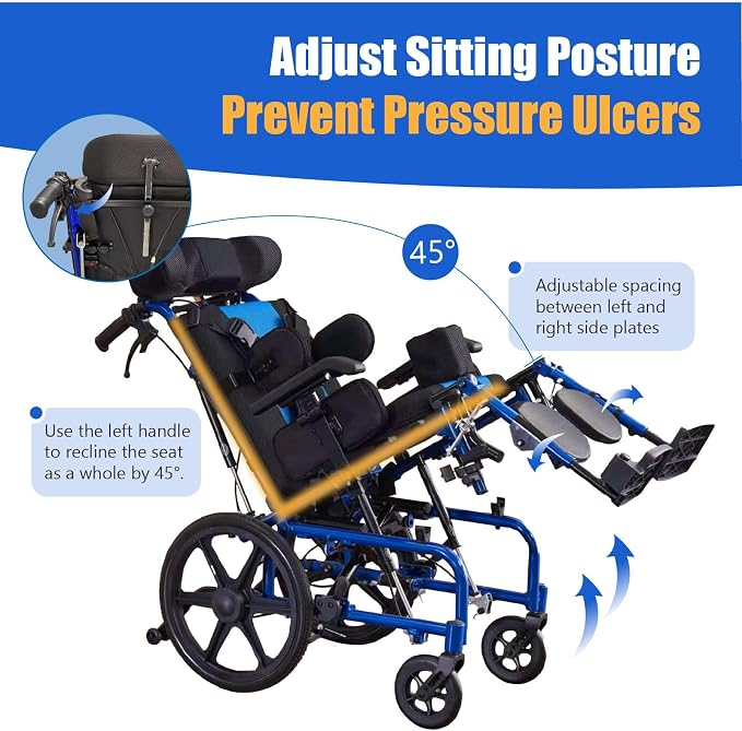 High Back Functional Wheelchair for Children and Teenagers with Cerebral Palsy 16 Inch Seat Width 180 Degree Recline Removable Dining Board Blue