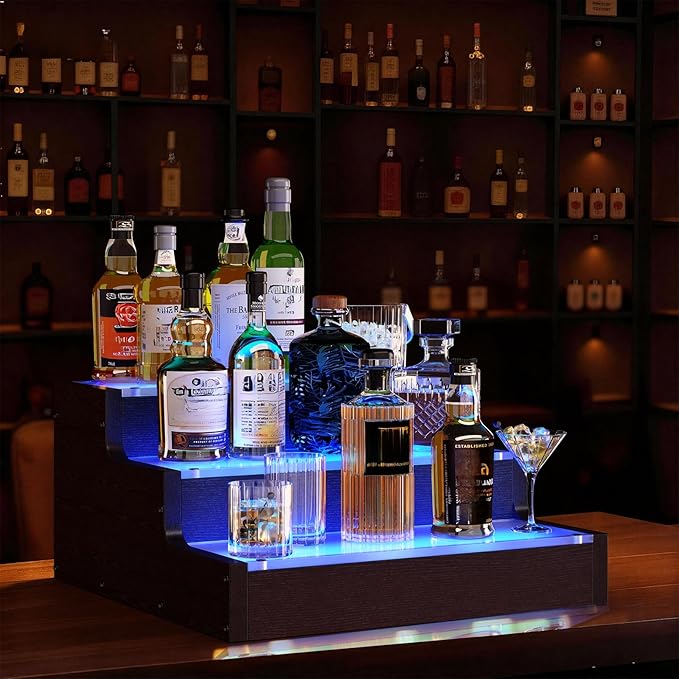 LED Lighted Wine Bottle Display Shelf, 3-Tier Acrylic Liquor Bottle Stand with APP Controlled Multicolor Lighting, Countertop Bar Organizer for Home Mini Bar Party Decor (3 Step 1 Pack)