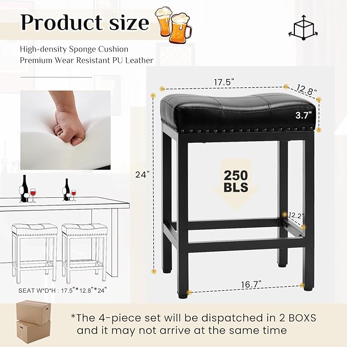 Sweetcrispy 24 inch Bar Stools Set of 4, Upholstered Modern Counter Height Bar Stools for Kitchen Island Modern PU Leather Sadless Stools Chair with Metal Base and Footrest,Black