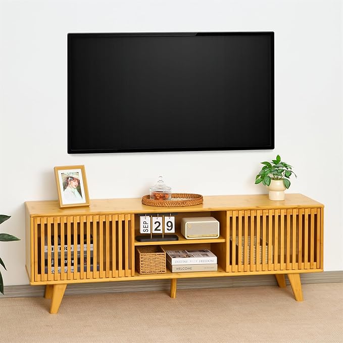 Bamboo TV Stand for TVs up to 65", Accent Entertainment Center with Storage, Media Console Table with Sliding Fence Door, Modern TV Stand for Living Room, Bedroom, 55"(L), Burlywood