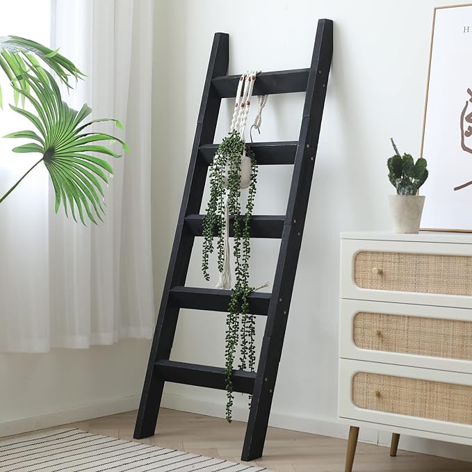 FUIN 5ft (58") Wood Blanket Ladder Living Room Decorative Wall Leaning Farmhouse Quilt Display Holder Storage Rustic Wooden Towel Rack for Bathroom, Black