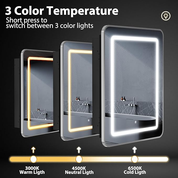 ROOMTEC 16 x 24 Inch Medicine Cabinet Mirror with LED Lights, Silver Bathroom Medicine Cabinet with Mirror and Storage, Recessed or Wall Mount, 3 Color Temperature, Dimmable Light