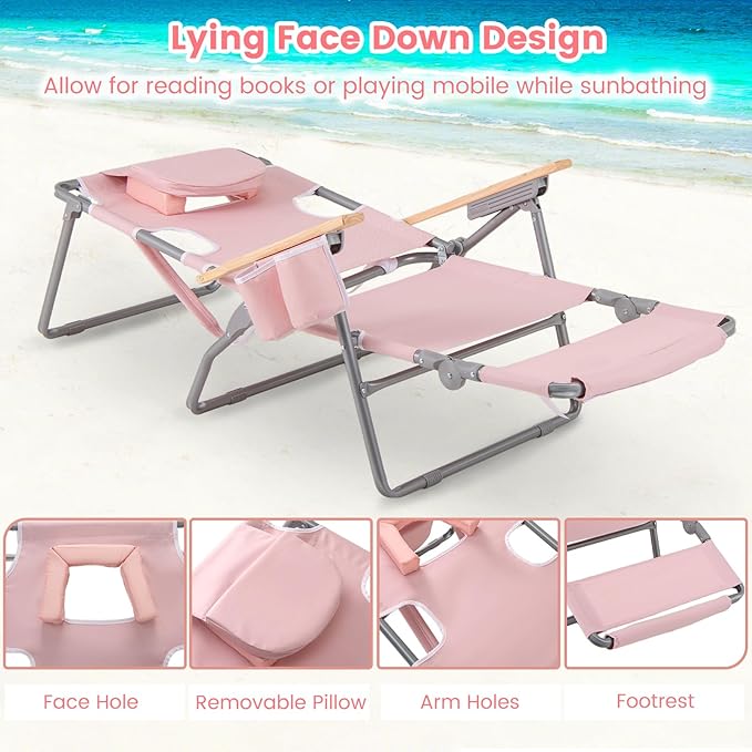 Goplus 3-in-1 Foldable Beach Chair, Lay-Flat Tanning Chair with Face and Arm Holes, Footrest, 330 lbs Heavy-Duty Portable Reclining Lounge Chairs for Outside, Camping, Patio, Poolside, Lawn (2,Pink)