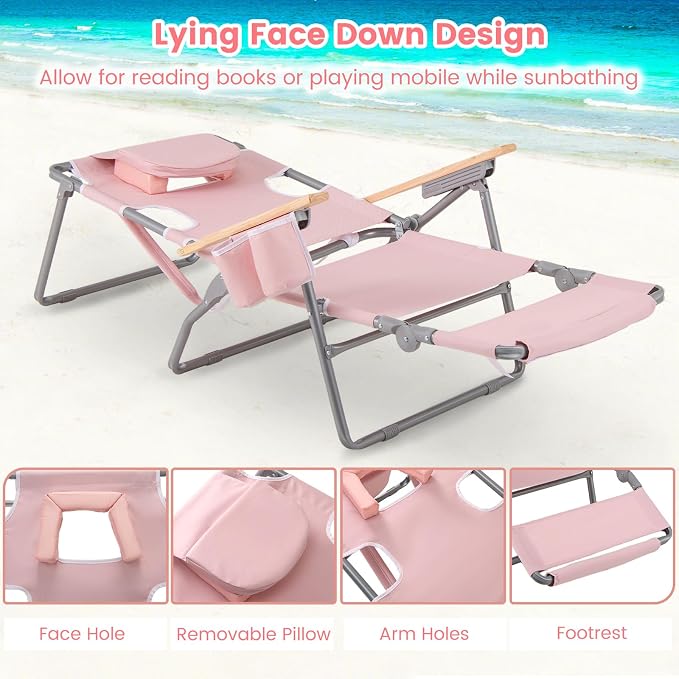 Goplus 3-in-1 Foldable Beach Chair, Lay-Flat Tanning Chair with Face and Arm Holes, Footrest, 330 lbs Heavy-Duty Portable Reclining Lounge Chairs for Outside, Camping, Patio, Poolside, Lawn (1,Pink)