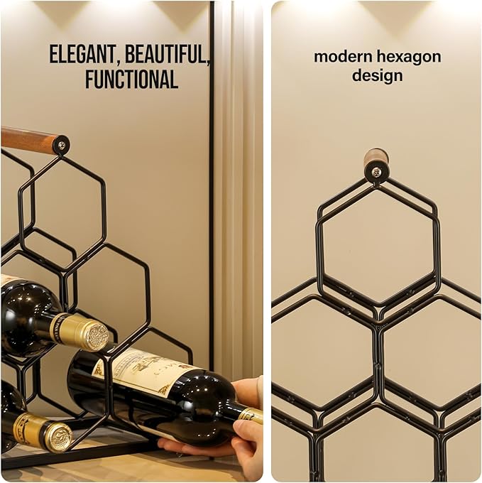 Small Black Wine Rack 6 Bottle Holder Countertop - Modern Metal Wire Wine Storage for Counter Top Table Top Coffee Bar Kitchen