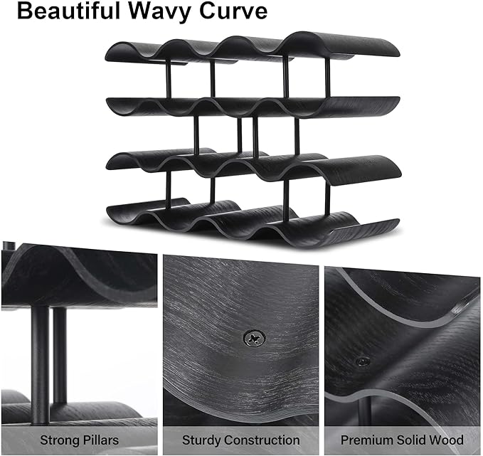 Countertop Wine Rack - 14 Bottle Freestanding Wine Bottle Holder Stand - 4 Tier Wooden Wine Storage Rack - Black Wavy Wine Organizer for Cabinet Pantry Home Kitchen Bar
