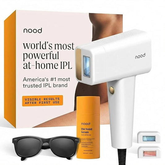 Nood™ NEW Flasher Pro + Slow-Grow Serum — 女性・男性向けIPLレーザー脱毛器 + 埋没毛と肌の炎症を抑えながら毛の再成長を遅らせるアフターシェーブセラム — グロスホワイト
