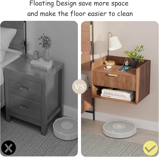 Arbuxzuy Floating Nightstand Set of 2 with Charging Station, Modern Wall Mounted Bedside Table with Drawer & Open Shelf, Minimalist Wooden Night Stand for Bedroom (Walnut Brown)
