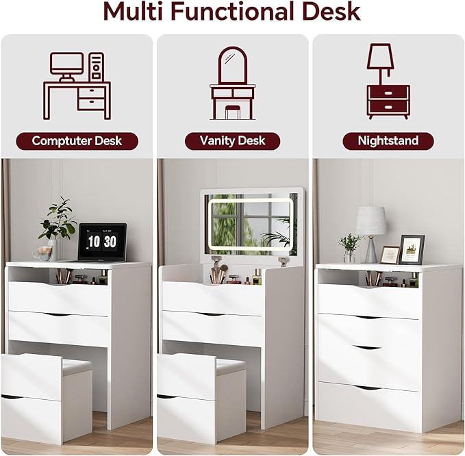 Mr IRONSTONE Compact Vanity Desk with Mirror and Lights, Hidden Makeup Vanity Cabinet with Storage Drawers & Shelves, Small Vanity Table for Bedroom, Flip Top Vanity for Small Spaces, White