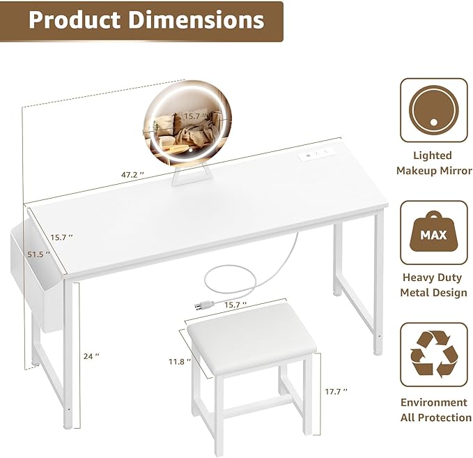 White Vanity Table with Lighted Mirror - 47“ White Vanity Desk with Mirror and Lights & Chair, Makeup Vanitys Set with Power Outlet, Dressing Table Vanities for Girls Bedroom