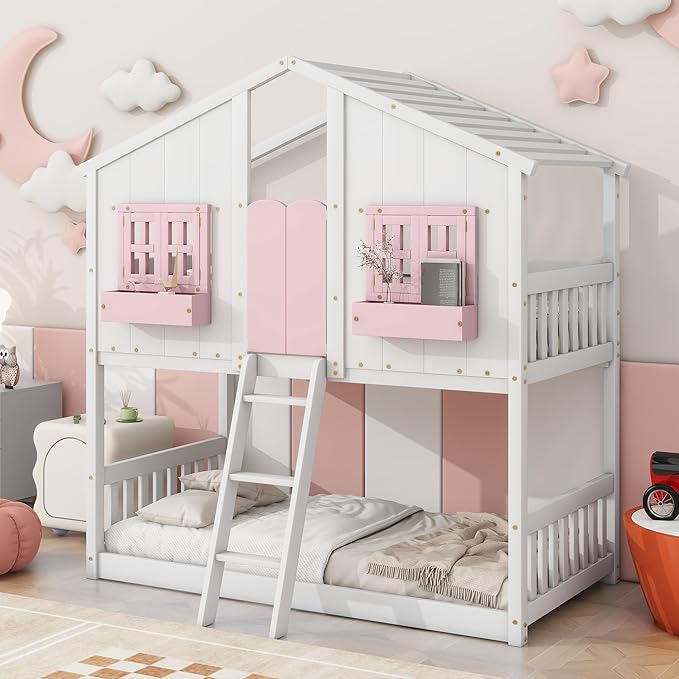 Twin Over Twin Floor House Bunk Bed with Roof and Window, Storage Box, Low Loft Bunker Bed for Small Space, No Box Spring Needed for Kids Girls Boys, Pink/White