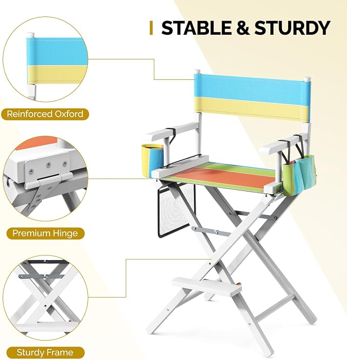 OmySalon 26" H Tall Directors Chair, Wooden Portable Folding Makeup Chair w/Storage Pouch & Footrest, Professional for Salon/Events/Mobile Services, 250lb Capacity, Colorful Canvas & White Frame