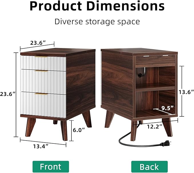 Kalrin Charging Nightstand with Hidden Outlets & 3 Drawers, Modern End Table, Bedside Table with USB Ports, Wave Groove Design, Compact Size, Heavy Duty Engineered Wood, Brown & White