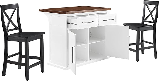Crosley Furniture Bartlett Kitchen Island with Wood Top and X-Back Stools, White/Black