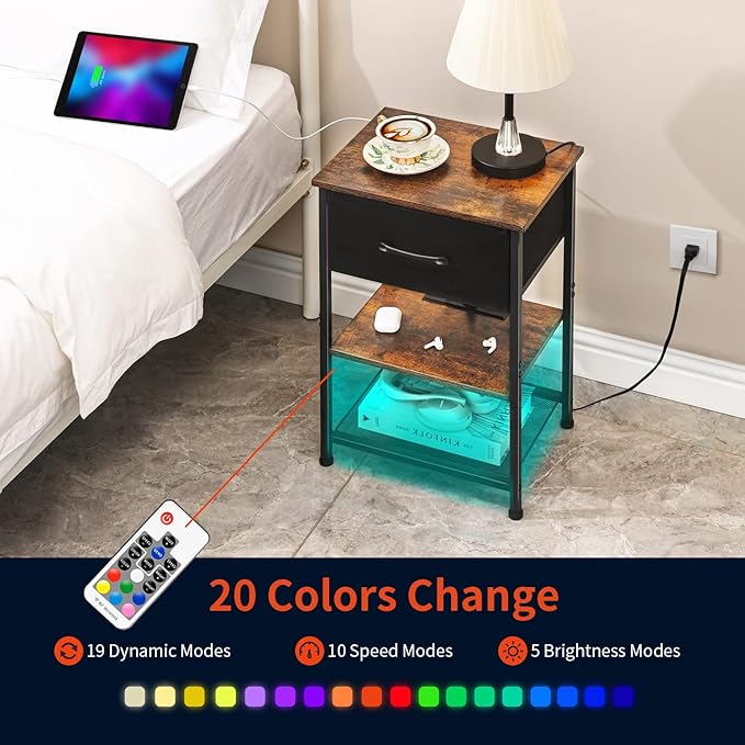 LAKEMID Nightstands Set of 2 with Charging Station and Drawer,Wood Bedside Table with 20 Colors LED Light for Bedroom Living Room (Rustic Brown)