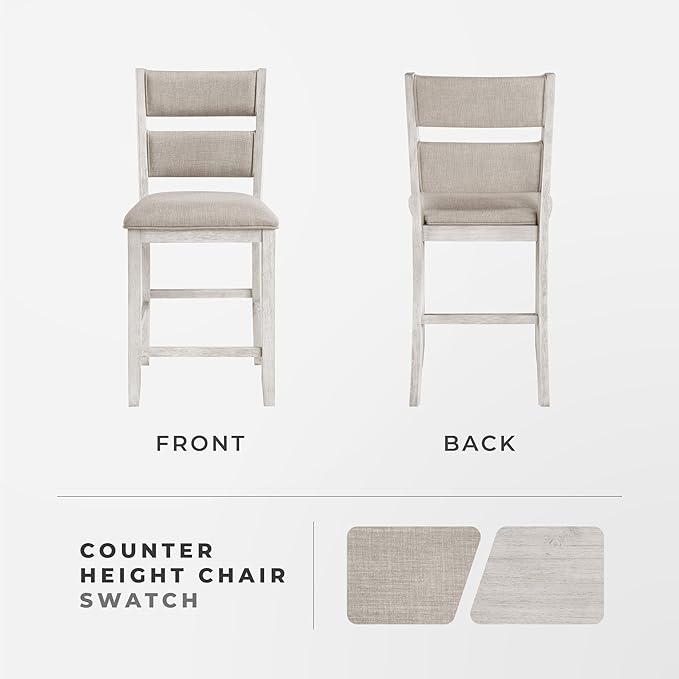 Lexicon Counter Height Chairs, Set of 2, Wooden Kitchen Chairs with Light Gray Textured Fabric Upholstered Seats and Back Rest, Counter Stools for Kitchen/Dining Room, 25.5" SH, Brushed Antique White