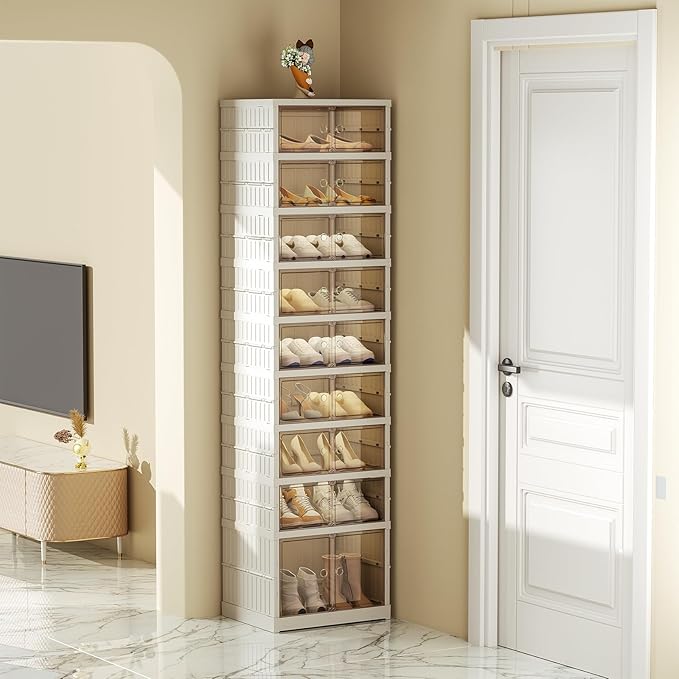 SYNCVIBE Shoe Rack Organizer for Closet Entryway 9 Tiers-18 Pairs Foldable Sneaker Storage Shoe, Collapsible Shoe Cabinet with Doors, Stackable Shoe Storage Cabinet with Lids for Living Room
