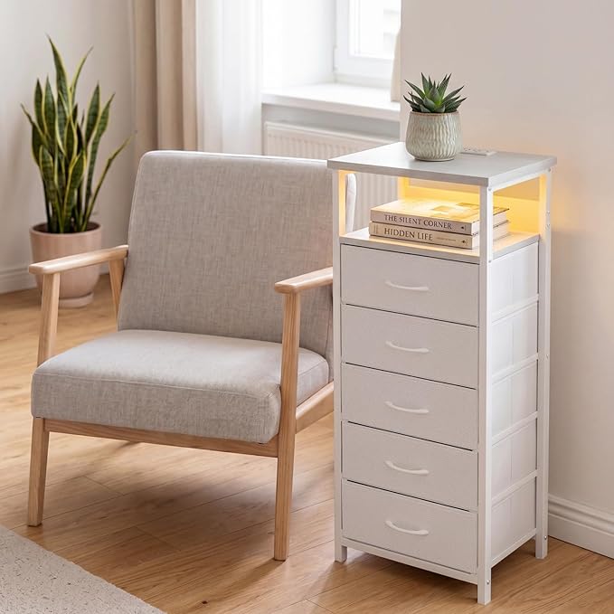 Fixwal Tall Nightstand with Charging Station and LED Lights, Night Stand with PU Finish Fabric Storage Drawers, 5 Drawer Dresser, White