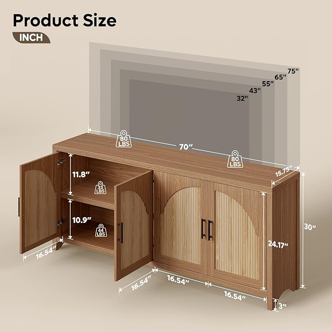 Bestier 70" Sideboard Buffet Cabinet with Storage, Large Modern Storage Credenza with Arch Fluted Doors & Adjustable Shelves, Farmhouse Wood Coffee Bar for Living Room, Kitchen, Entryway, English Oak