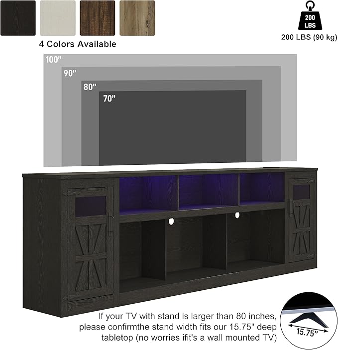 chartustriable Farmhouse TV Stand for 100 Inch TV,95" Entertainment Center w/LED Light,Large Media Console Cabinet w/Rustic Barn Doors,Power Outlets,Adjustable Shelves for Living Room,Black