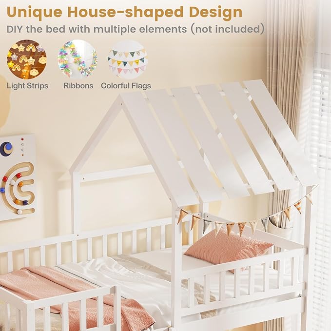 Giantex Twin Over Twin House Bunk Bed, Low Loft Bed Frame with Roof, Wood Bunk Bed with Ladder & Full-Length Guardrails, Twin Floor Bed for Kids Teens Boys Girls, No Box Spring Needed (White)