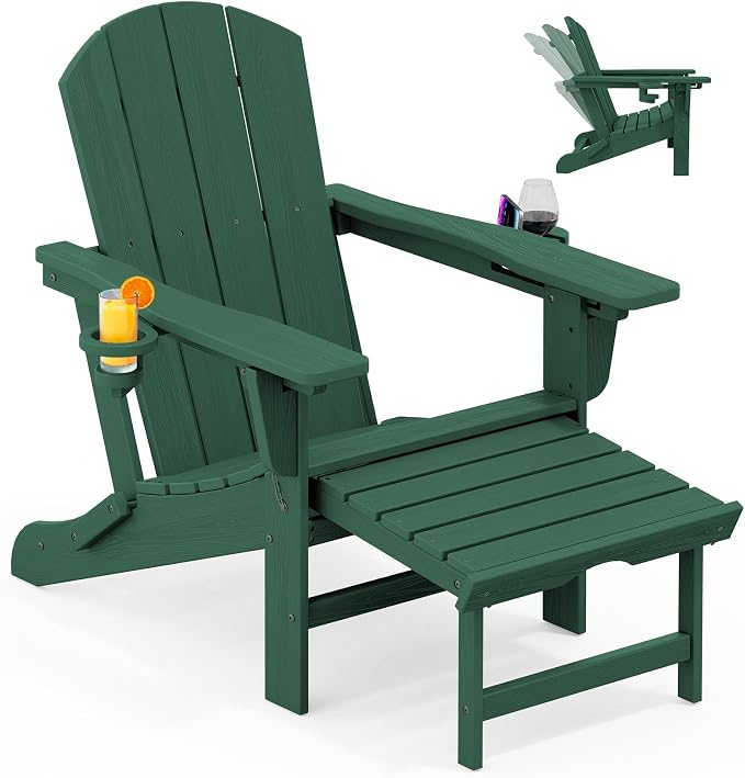 KINGYES Adjustable Folding Adirondack Chair with Ottoman & 2 Cup Holders Set of 2, HDPE Adirondack Reclining Chair with Footrest, Green