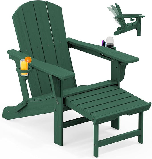 KINGYES Adjustable Folding Adirondack Chair with Ottoman & 2 Cup Holders Set of 2, HDPE Adirondack Reclining Chair with Footrest, Green