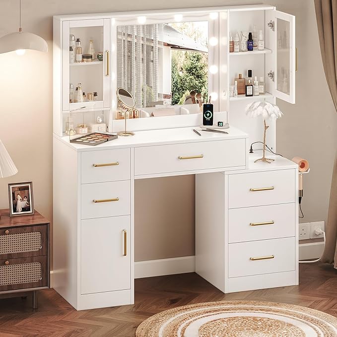 TOKSOM 51" Vanity Desk with Mirror and Lights & Charging Station, Bedroom Dressing Table, Large Vanity Set, 6 Drawers and 2 Cabinets, Makeup Vanity Table with Charging Station, Without Stool