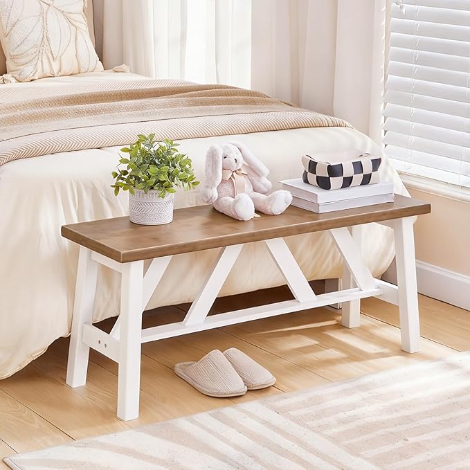 HOOBRO Bamboo Dining Bench, 39.4 inch Farmhouse Kitchen Table Bench, Solid Bamboo Dining Room Bench for Kitchen, Living Room, Bedroom, Hallway, Sturdy and Stable, Walnut and White WH17CD01