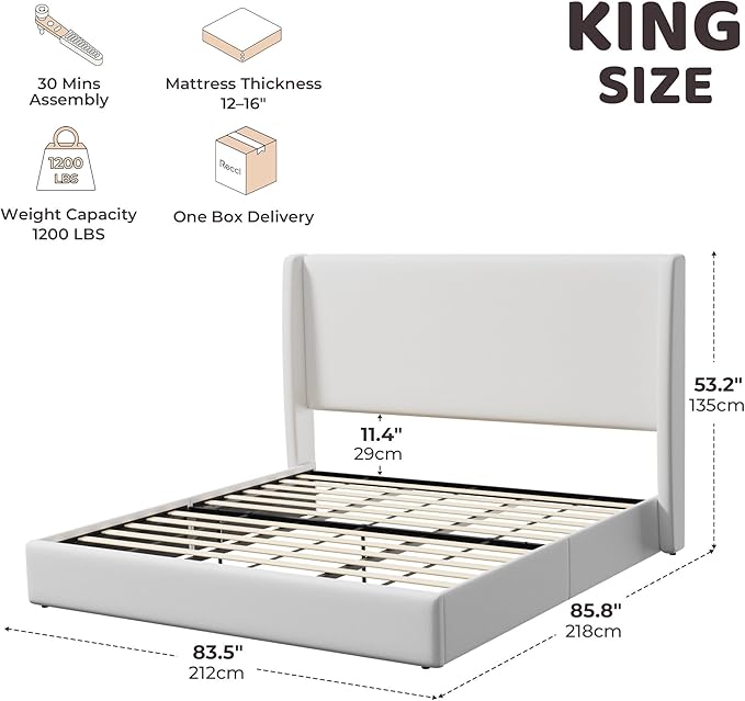 RECCI King Size Bed Frame with 53" Extra Tall Wingback Headboard, Luxury Upholstered Platform Bed Frame, Heavy Duty Support, Noise-Free, Easy Assembly, No Box Spring Needed, Ivory White Canvas