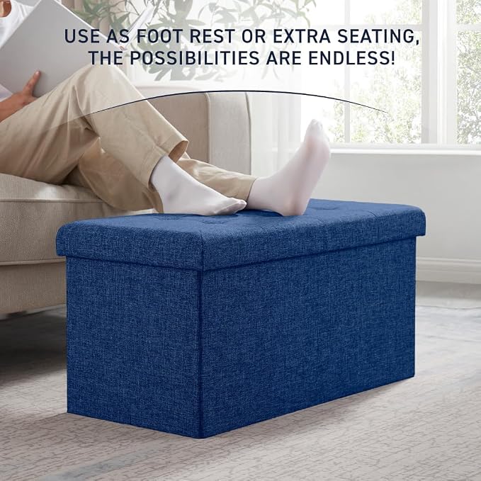 Ornavo Home Folding Storage Ottoman, 30 Inch Large Storage Bench with Lid, Foot Rest Stool for Bedroom, Living Room, Entryway, Tufted Linen Upholstered - Navy Blue