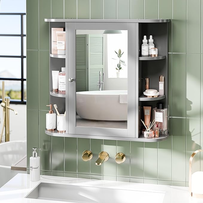 Bathroom Mirror Cabinet Wall Mounted, Medicine Cabinet with Mirror and 6 Open Shelves, Modern Bathroom Wall Cabinets Medicine Cabinets, Grey