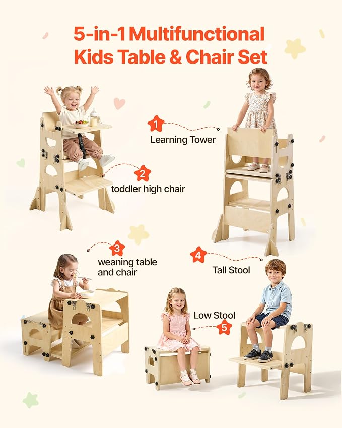VEVOR 5-in-1 Toddler Kitchen Step Stool, Foldable Learning Standing Tower with Blackboard & Whiteboard, Wooden High Chair with Adjustable Back & Footrest, Kitchen Stool Helper with Detachable Stool