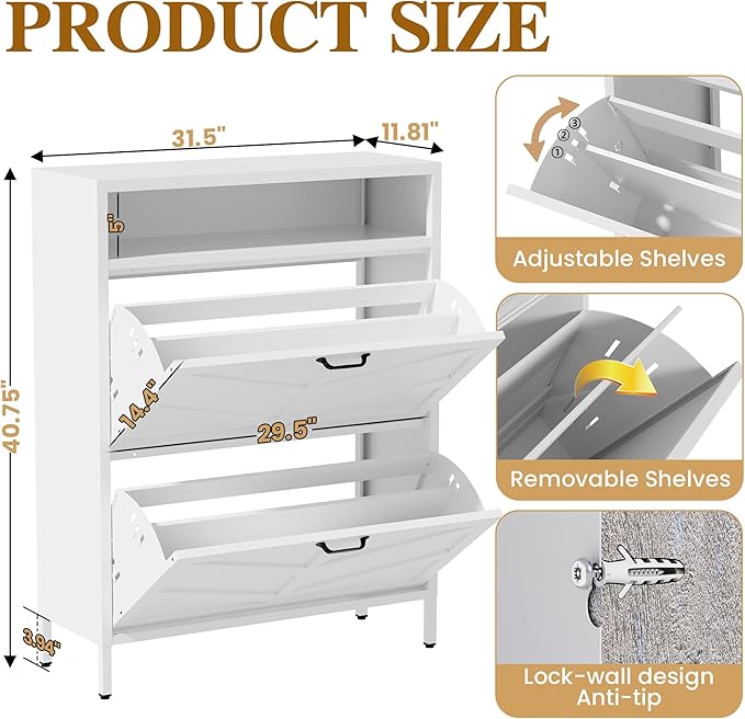 Metal Shoe Storage Cabinet with 2 Flip Drawers,White Shoe Organizer with Leg,Hidden Narrow Shoe Rack Cabinets Freestanding Farmhouse Slim Shoe Cabinet with Open Storage for Entryway Hallway Front Door
