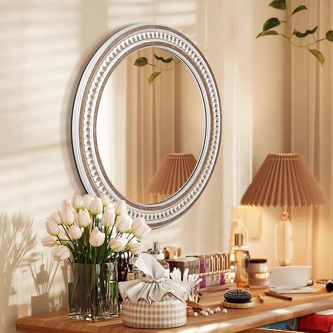 24 Inch Rustic Farmhouse Round Wall Mirror, Wooden Circle Bathroom Mirror for Over Sink, Decorative for Entryway, Bedroom, Living Room