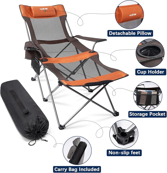 apollo walker Reclining Beach Chair, Adjustable 90-135° Backrest Camping Lounge Chairs for Adults, Folding Chair with Foot Rest & Detachable Pillow - Standard 6-Leg, Orange