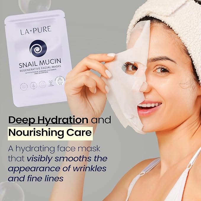 LA PURE Snail Mucin Mask – 10ct Korean Sheet Mask Pack for Signs of Aging, Aid Skin Repair & Hydration – Pure Snail Mask for Face with Collagen & Hyaluronic Acid – Cruelty-Free Hydrating Sheet Mask