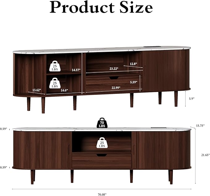 DHH 71" Fluted TV Stand with Power Outlet for TVs up to 80", TV Console with Adjustable Shelves and Sliding Door,Mid Century Modern Entertainment Center for Living Room,Bedroom (Walnut+Marble)