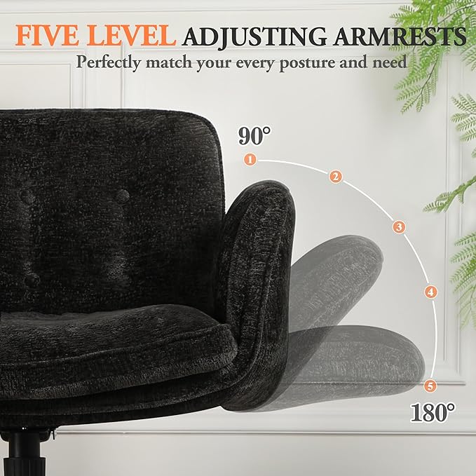 Criss Cross Chair with Lumbar Airbag & Folding Arms Relieve Back Pain, Wide Cross Legged Office Chair for Home Office, Comfy Swivel Desk Chair with Wheels, 5 Level Adjustable Armrest, Chenille(Black)