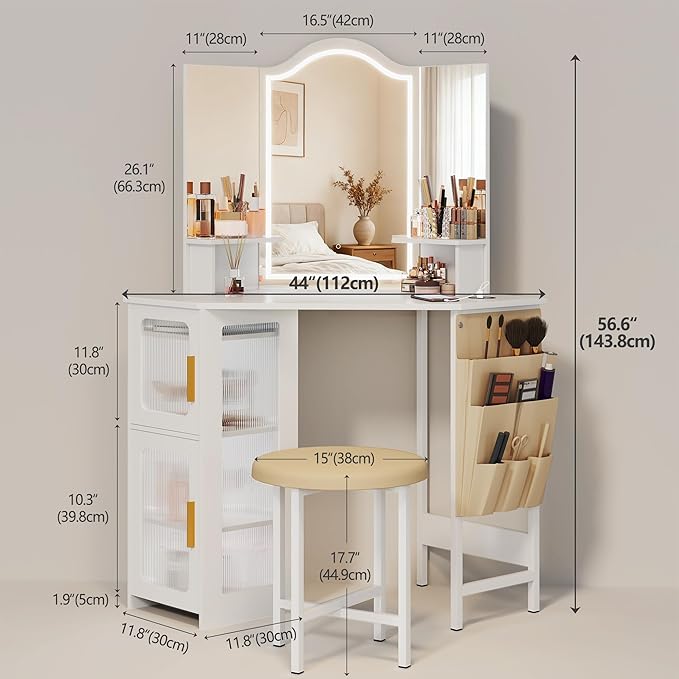 LVSOMT Corner Makeup Vanity Desk with Mirror and Lights, 44" Dressing Table with Charging Station, Makeup Table with Stool, Storage Cabinet and Adjustable Shelf, Bedroom Vanity for Girls Women, White