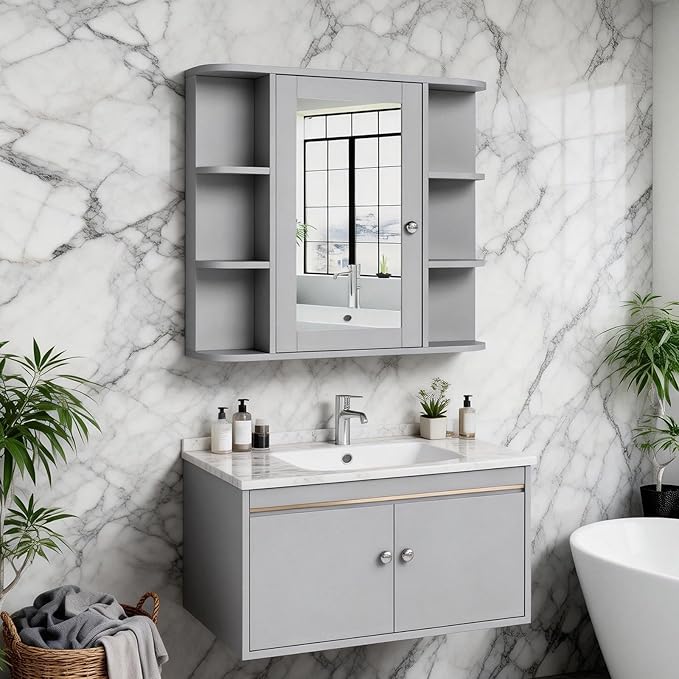 VINGLI Grey Mirror Medicine Cabinet Wall Mounted, Bathroom Storage Organizer Over Toilet with 6 Open Curved Shelves, Adjustable Vanity Cupboard with Single Door for Entryway & Living Room, Grey
