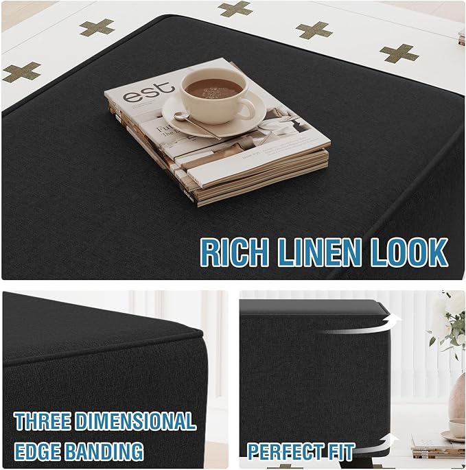 H.VERSAILTEX Ottoman Cover Rectangle Fit Length 43"-44" Footrest Linen Look Ottoman Slipcovers Thick Ottoman Covers Slipcover Rectangle Slipcovers for Ottomans Sturdy Foot Stool Cover - Heather Black