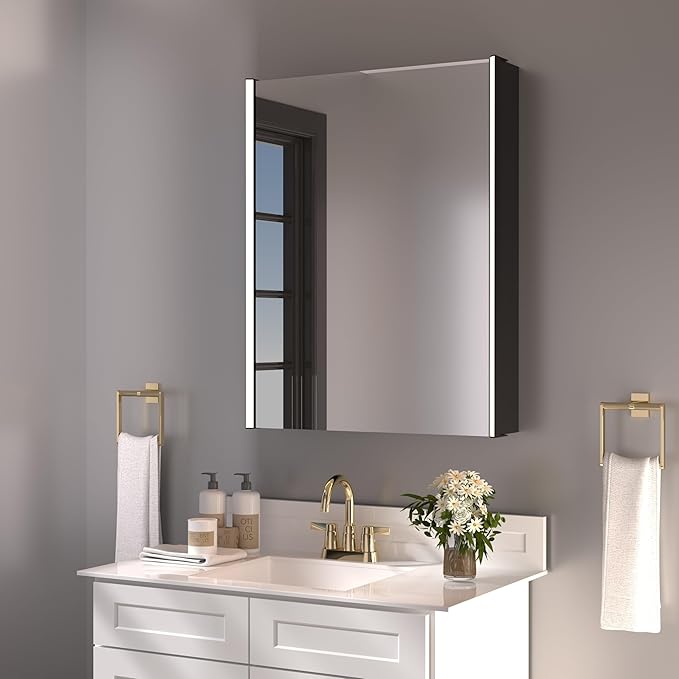 30 x 23-1/4 Inch LED Medicine Cabinet Lighted Bathroom Mirror, Defogger, Stepless Dimmable, 3000K/5500K Color Temperature Wall Mounted, Adjustable Shelf, Black