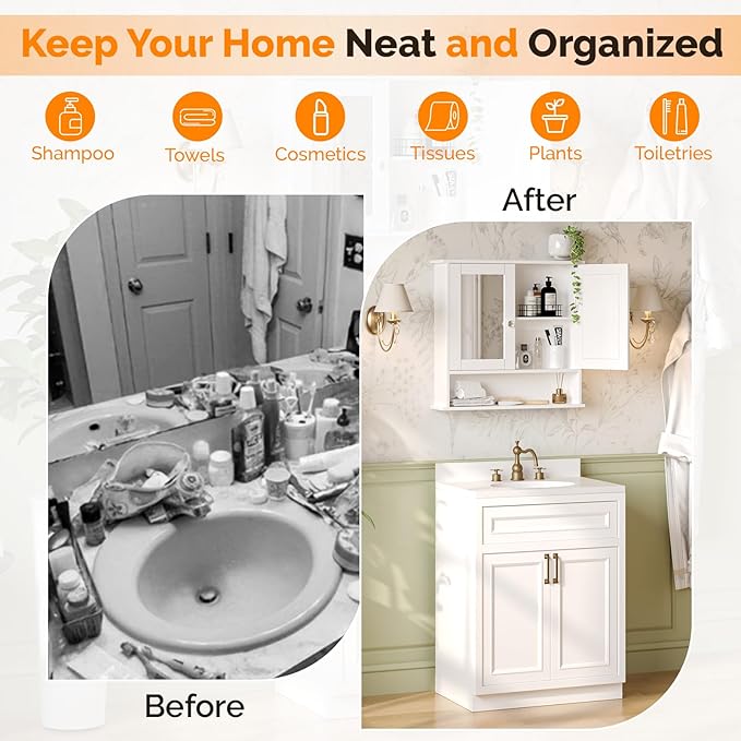 VINGLI Medicine Cabinet with Mirror, Wall Mounted Bathroom Cabinet with Open Shelf, 2-Door White Storage Organizer Over Toilet, Adjustable Shelves for Vanity, Entryway, Kitchen, 22x23 Inch