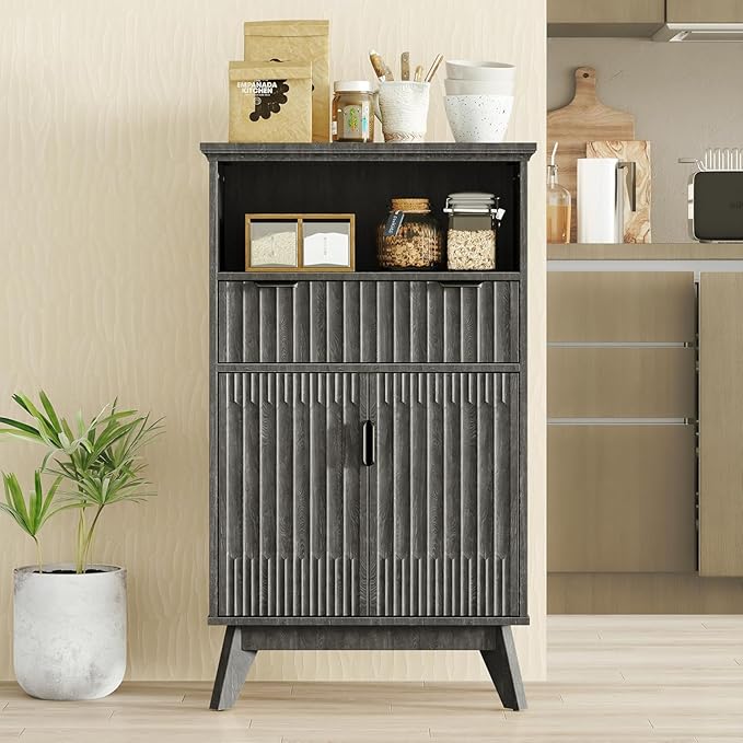 Fatmok Buffet Cabinet with Storage Set od 3, 40" Modern Fluted Coffee Bar Cabinet with Drawer & Open Shelf, Wood Buffet Sideboard Console Table for Entryway, Kitchen, Living Room (Black)