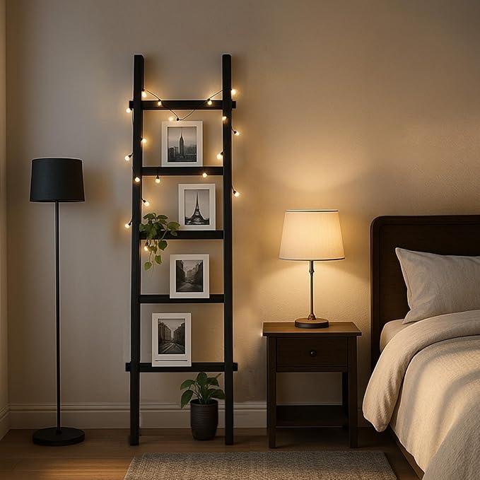 Wooden Blanket Ladder - Natural & Motley Wood - Leaning Wall Decor for Bedroom, Bathroom, Living Room - Rustic Quilt Holder & Towel Rack (Black Wood Color, 57in（5-Tier）)