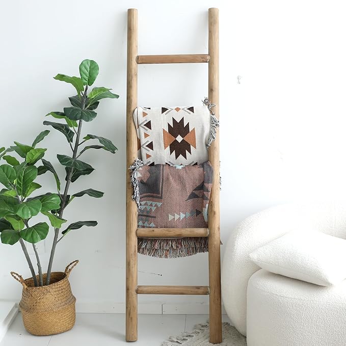 SwallowLiving 57in Blanket Ladder, Solid Wood Towel Ladder, Rustic Decorative Ladder for Blankets, Farmhouse Wooden Quilt Rack for Living Room & Bathroom