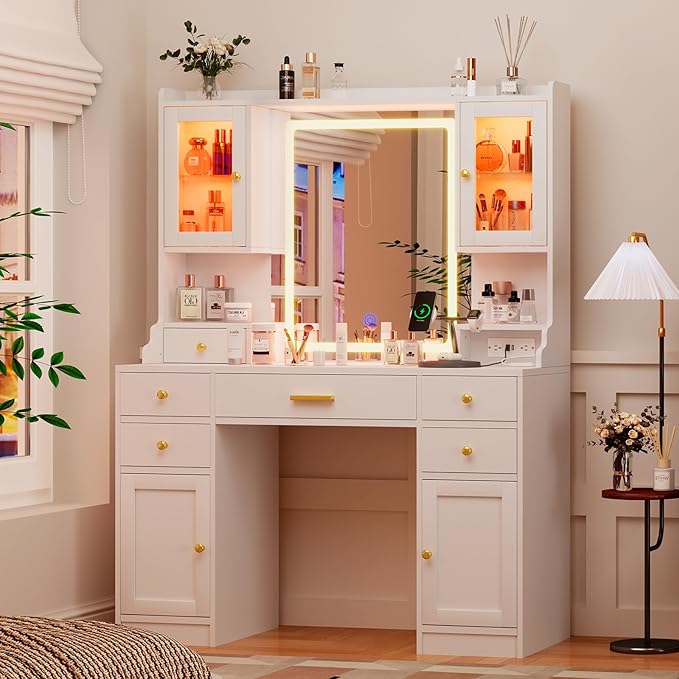 White Makeup Vanity Desk with Mirror and Lights, Large Vanity Table Set with Charging Station, Dressing Table with RGB Cabinets, Makeup Vanity Mirror with Light Desk and Drawers, 3 LED Light Modes
