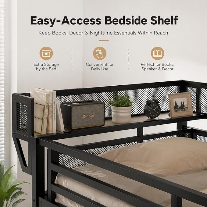 Mirightone Full Loft Bed with Desk and RGB Light, Metal Loft Bed Frame with Stairs and Bedside Shelf, Heavy-Duty Lofts Beds with Storage Shelves and Wardrobe for Kids Teens, Black