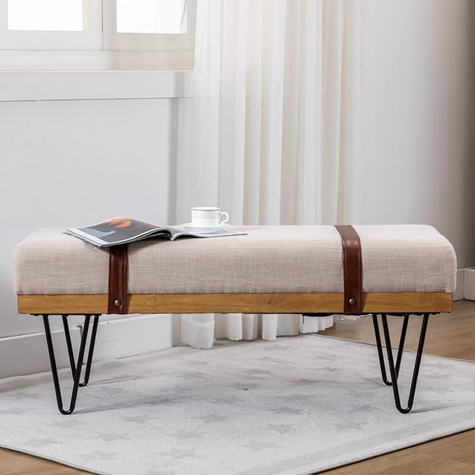 HEAH-YO Industrial Entryway Bench Set of 1, 44 Inches End of Bench with Padded Seat Cushion, Uphlstered Linen Fabric Dining Bench for Kitchen Living Room, Beige